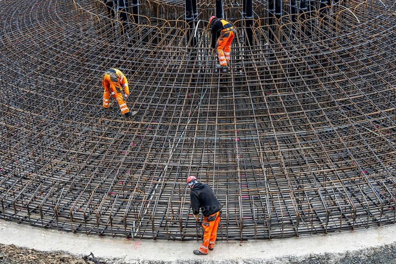 Assembly of reinforcing steel for the reinforced concrete foundation of a wind turbine, a mesh of rebar and rebar mesh, over 100 tons of reinforcing steel were used, the wind turbine will have a hub height of 160 meters, part of a new wind farm in Sauerland, near Balve, North Rhine-Westphalia, Germany