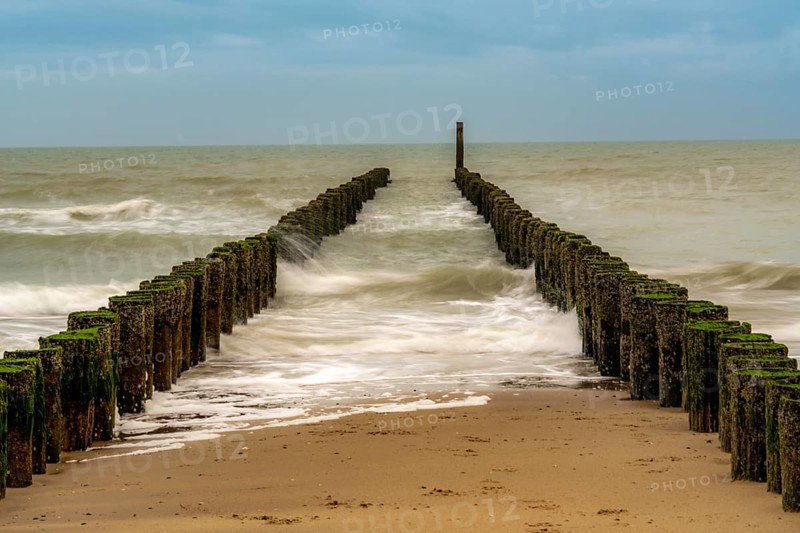 Coastal protection, through wooden posts, paalhoofden, on the beach, breakwater, the piles, some of which are rammed into the sandy soil in double rows, slow down the waves and ocean currents and thus slow down the flow rate of seawater, so less sand is washed away from the stand, near Domburg, Walcheren peninsula in the Dutch province of Zeeland
