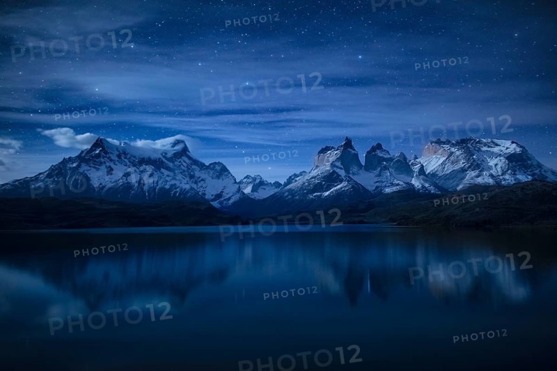 Moonlight over Lake Pehoe in Torres del Paine National Park, Chile