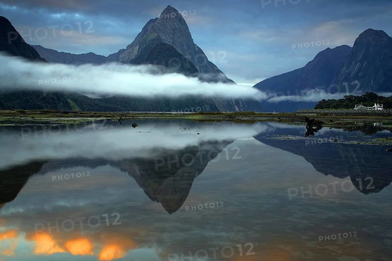 Milford Sound at sunrise, reflection in lake, South Island, New Zealand, Milford Sound, South Island, New Zealand