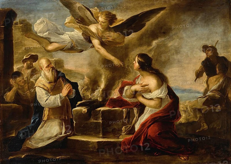 Luca Giordano (b. 18 October 1634, d. 3 January 1705), called Fa Presto, Italian painter and etcher of the Baroque period, The Sacrifice Of Manoah, painting, reproduction of the painting in its original state, work of art, historical, angel appears in a dramatic religious scene with offering
