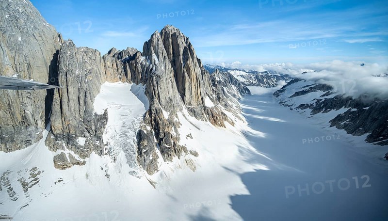 Cliffs, Kichatna Spires, snow and ice, epic mountains with glaciers, aerial view, Alaska Range, Denali National Park, Alaska, USA