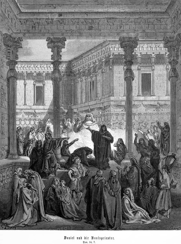 Daniel, Bible, chapter 14, verse 7, Daniel and the priests of Baal, Götze Bel, idolatry, worship, sacrifice, food, temple, crowd, Persian king Cyrus, god of clay and bronze, steel engraving Doré, Old Testament, historical illustration 1885