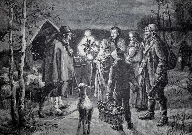 Christmas scene in the Rauhen Alb, Swabian Jura, the family bringing a small Christmas tree and food to the single shepherd, 1890, Germany, illustration, reproduction from a 19th-century model. Authentic, file restored for optimal use, exact date of submission unknown, Historical, a family meets with a traveler while dogs stand watching nearby