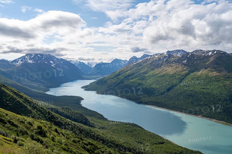 View of blue lake and mountains on Twin Peaks Trail, Eklutna Lake, Chugach Mountains, Chugach State Park, Alaska, USA