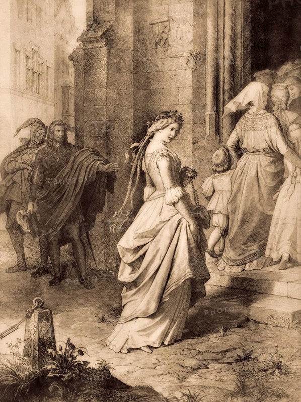 Gretchen, Faust and Mephistopheles, first part of the tragic play Faust by Johann Wolfgang von Goethe, after Wilhelm von Kaulbach