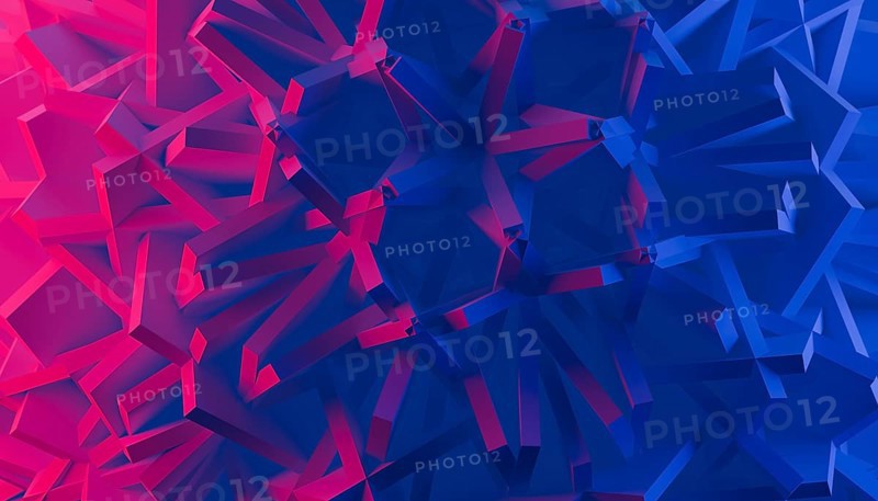 This image features a 3D rendered abstract background with an intricate arrangement of geometric shapes in varying shades of blue and red. The dynamic layout creates a visually striking effect