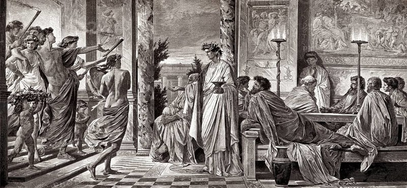 The Symposium or drinking party at the house of the tragedian Agathon in Athens, by Plato