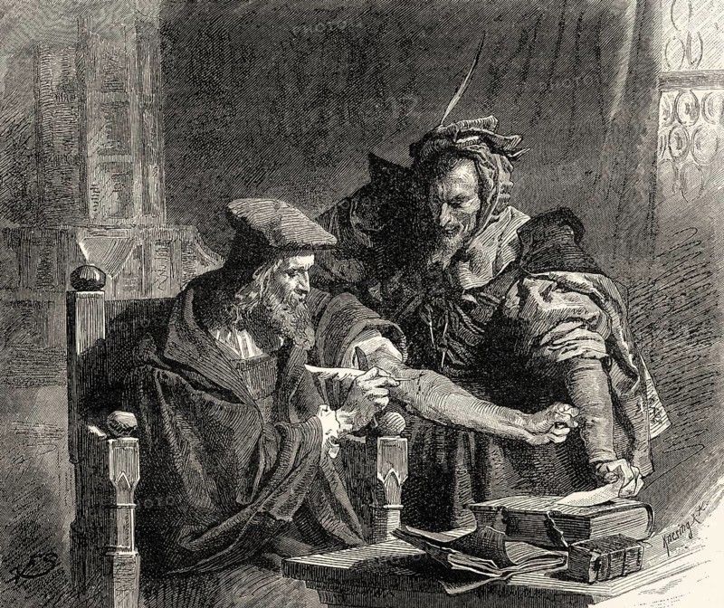 Faust signs the contract with his blood, first part of the tragic play Faust by Johann Wolfgang von Goethe