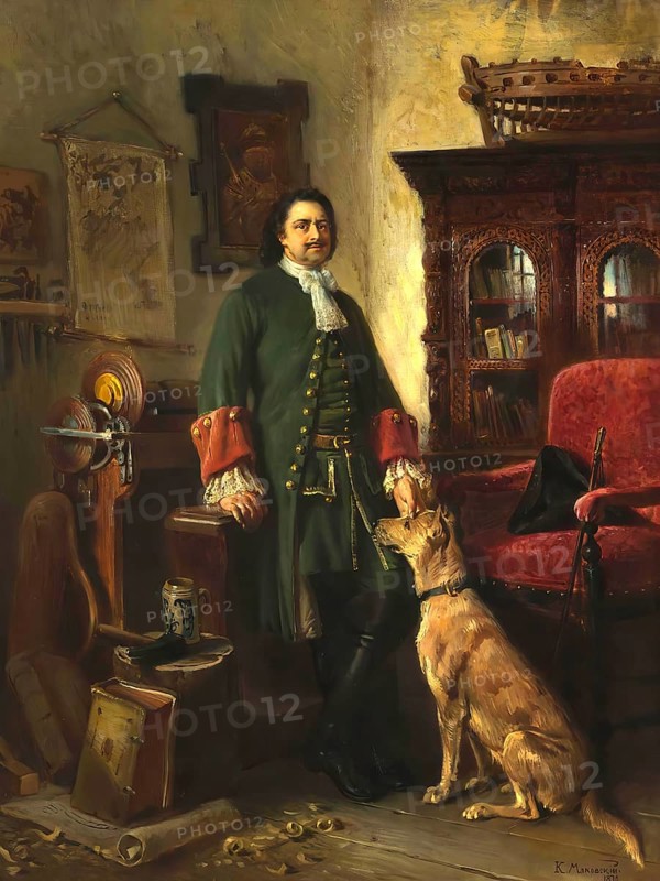 Peter the Great in His Studio, Peter I or Pyotr Alexeyevich Romanov, 1672-1725, Emperor of the Russian Empire, painting by Konstantin Makovsky, digitally optimized