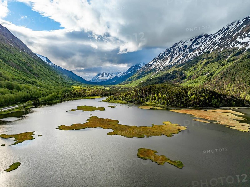 Lake Tern Lake and mountain landscape, aerial view, Moose Pass, Kenai Peninsula, Alaska, USA