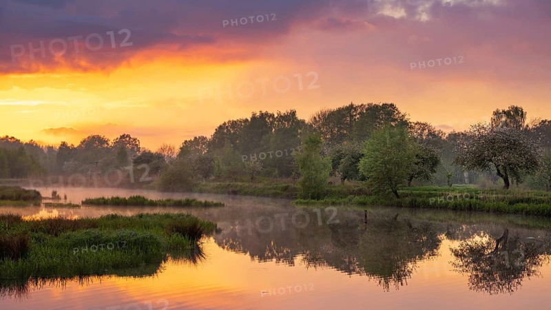 Sunset at Ahlhorn fish ponds, Ahlhorn, Lower Saxony, Germany