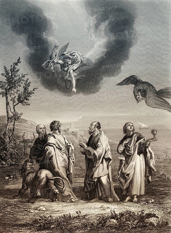 Evangelist portraits with their symbols, 1853, Steel engraving digitally restored