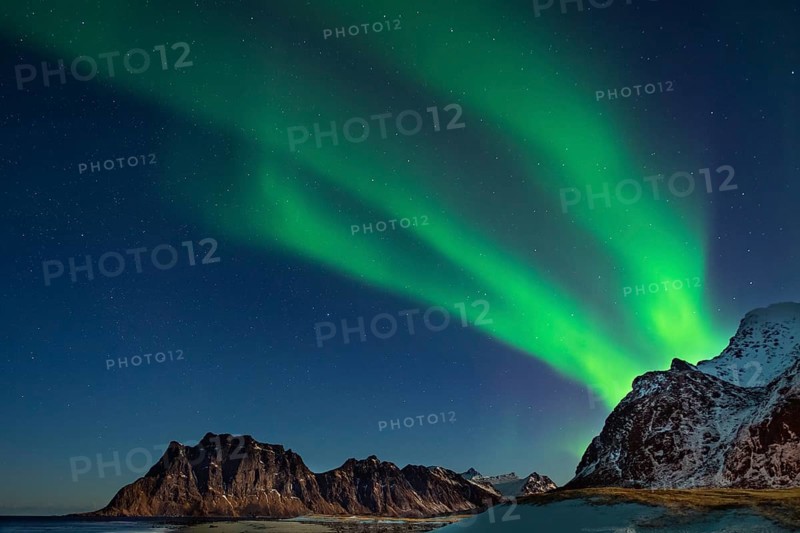 Aurora borealis in green colors over mountain range and coastline at night, Lofoten, Norway