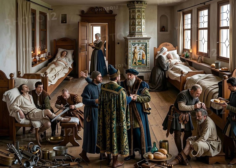 A hospital, bedside experience according to Paracelsus, historical illustration, digitally edited, illness, health, sick, doctor, middle ages, health care, historical figure, science, research, pharmaceuticals, natural science