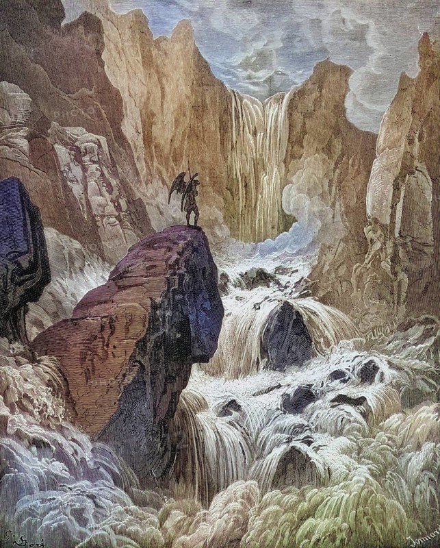 Illustration by Gustave Dore (1832-1883) for Paradise Lost, The Paradise Lost, published in 1667, is an epic poem in blank verse by the English poet John Milton, Inferno, Hell, Paradise, Angel, Damnation, Historical, digitally restored reproduction from a 19th century original, Record date not stated