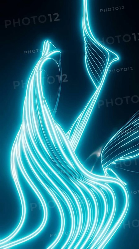 This illustration features glowing neon blue lines that form an abstract, fluid design against a dark background, evoking a futuristic and dynamic feel