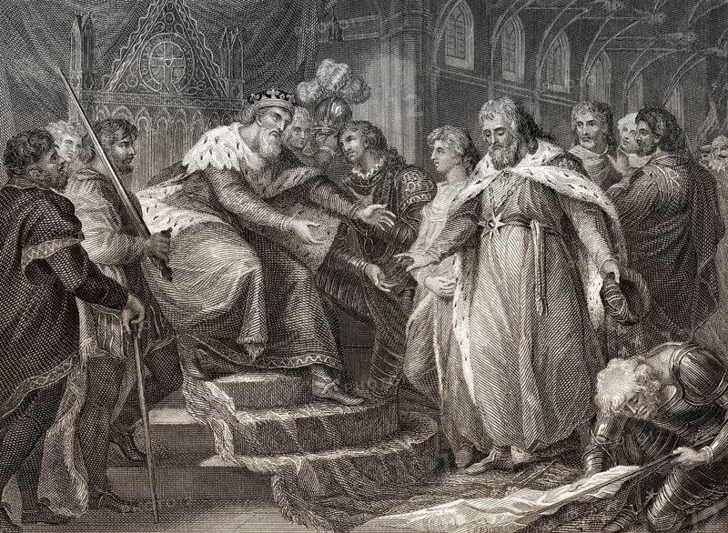 Edward Prince of Wales presenting the captive King John II of France and his son to his father Edward III, after the battle of Poictiers, 1356