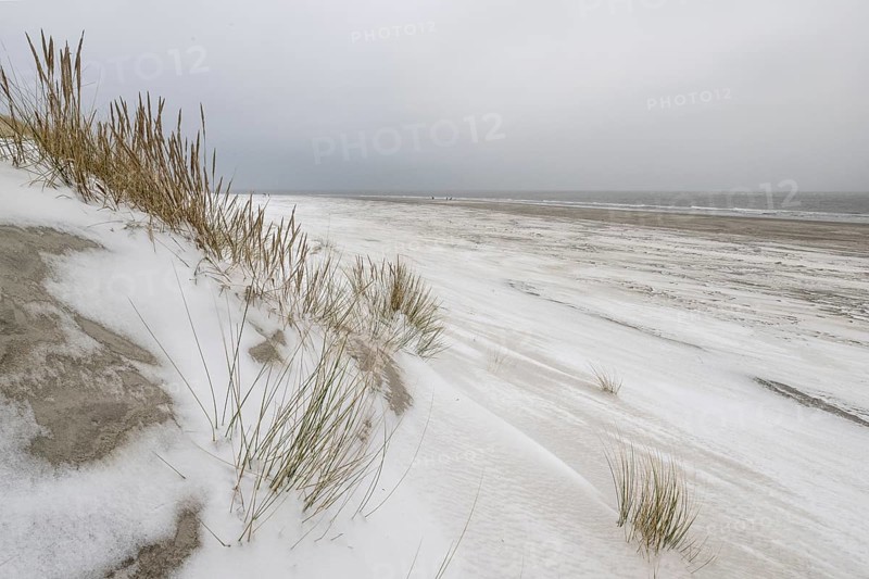 Snow-covered dunes on the North Sea beach, Langeoog, Lower Saxony, Germany