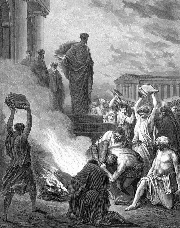 Paul to Ephesus, overcoming religious charlatans, liberation from magical ties, Acts chapter 19, verse 19, message of God, power, dissemination, magic books, magic, fire, burning, 5000 pieces of silver, value, valuable books, temples, steps, Jews, gentiles, Christian religion, Bible, New Testament, steel engraving Doré, historical illustration 1885