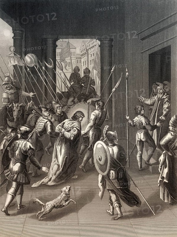 Jesus Taken to Annas, New Testament, steel engraving 1853, digitally restored