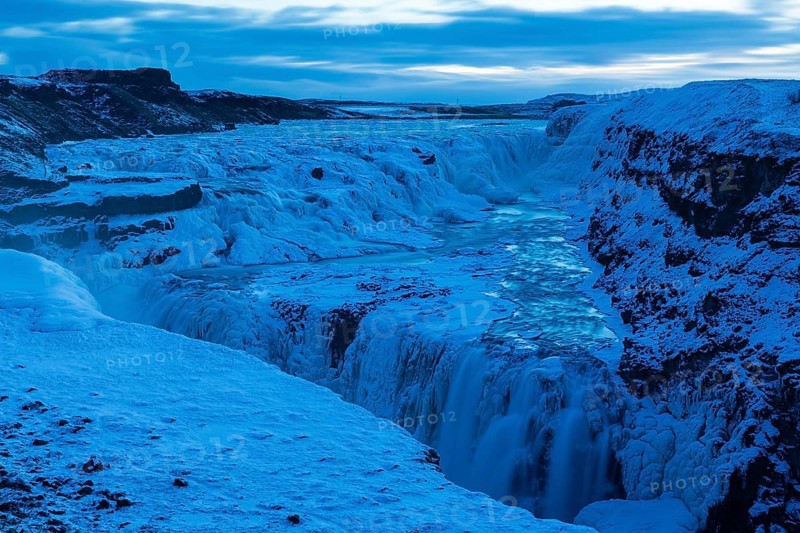 Gullfoss, Hvítá River Waterfall, Blue Hour, Frost, Snow, Winter, Haukadalur, Iceland, Scandinavia