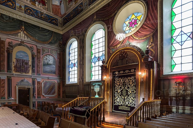 A parochet, curtain in front of the Torah shrine in the interior of the Tsori Gilod Synagogue, Lviv, Ukraine
