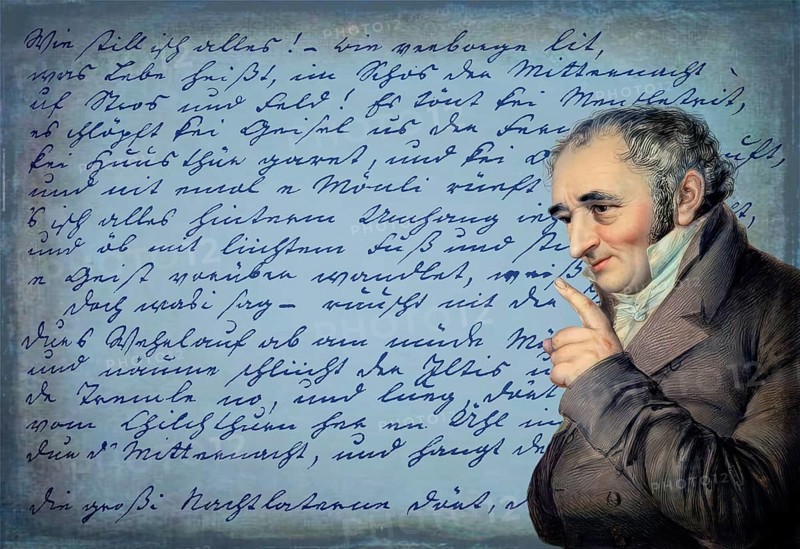 Handwritten manuscript and portait of Johann Peter Hebel, 1760 - 1826, German poet, Protestant theologian and educator, Alemannic dialect poet, digitally optimized based on a painting by Carl Joseph Alois Agricola, 1814
