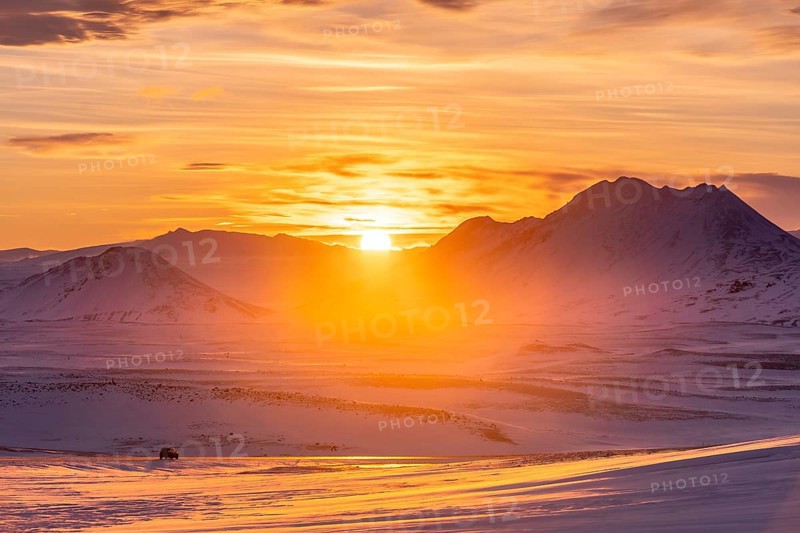 A stunning winter sunset illuminates Iceland's snowy mountains, casting a warm glow across vast, untouched valleys. The serene landscape highlights the beauty of Iceland's wilderness