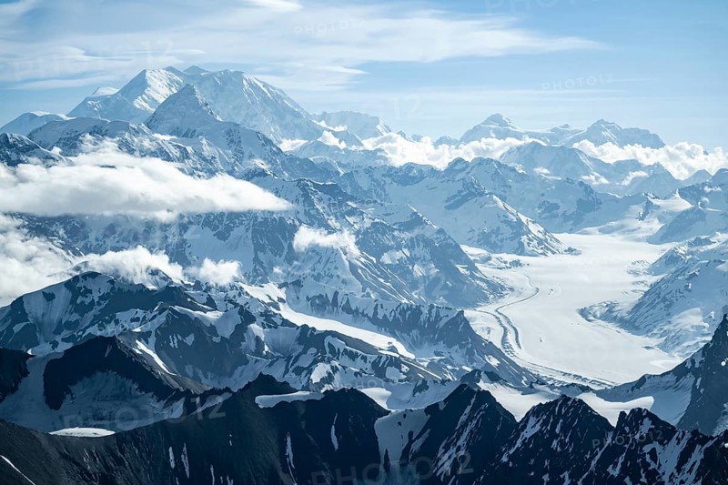Snow and ice, epic mountains with glaciers, Mt Denali or Mount McKinley, aerial view, Alaska Range, Denali National Park, Alaska, USA