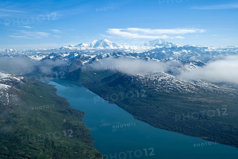 Chelatna Lake, Mt Foraker and Mt Denali or Mount McKinley, aerial view, Alaska Range, Denali National Park, Alaska, USA