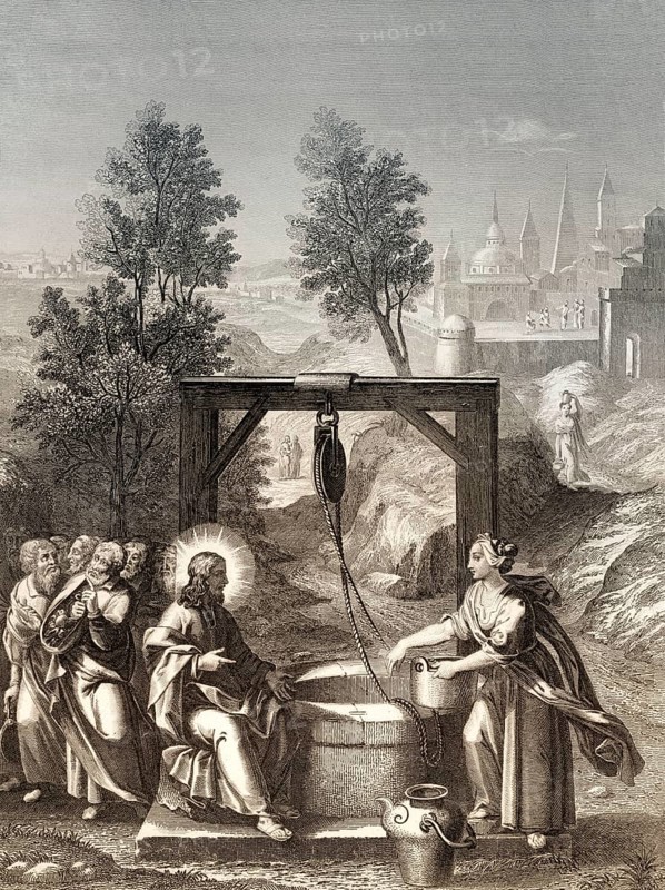Jesus talks with a Samaritan woman, New Testament, Steel engraving 1853, digitally restored