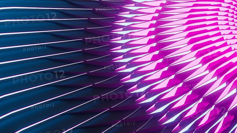 Bright neon lights illuminate a backdrop of abstract geometric shapes, creating an engaging visual display filled with color and intrigue