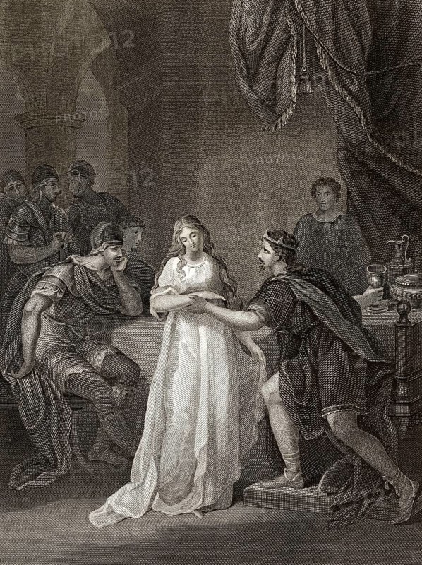 Vortigern, König der Briten, und seine Frau Rowena, Tochter des angelsächsischen Häuptlings Hengist, britische Legende, 5.