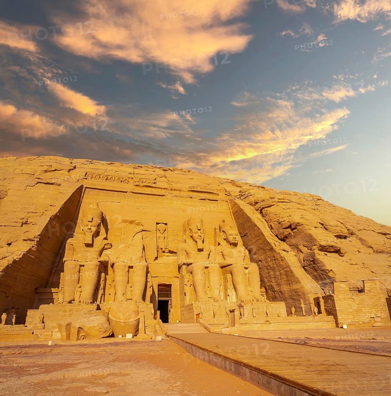 The incredible Abu Simbel Temple rebuilt on the mountain in southern Egypt in Nubia next to Lake Nasser. Temple of Pharaoh Ramses II, travel lifestyle