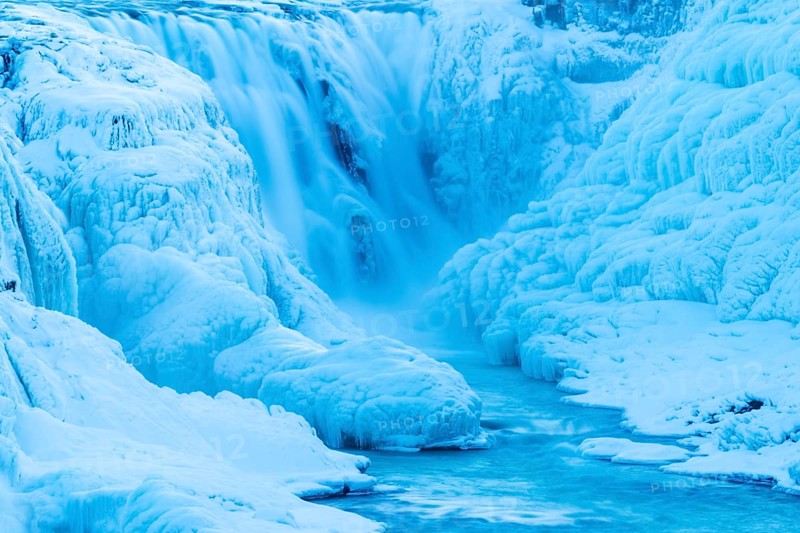 Gullfoss, waterfall of the Hvítá river, detail, ice, frost, snow, winter, Haukadalur, Iceland, Scandinavia