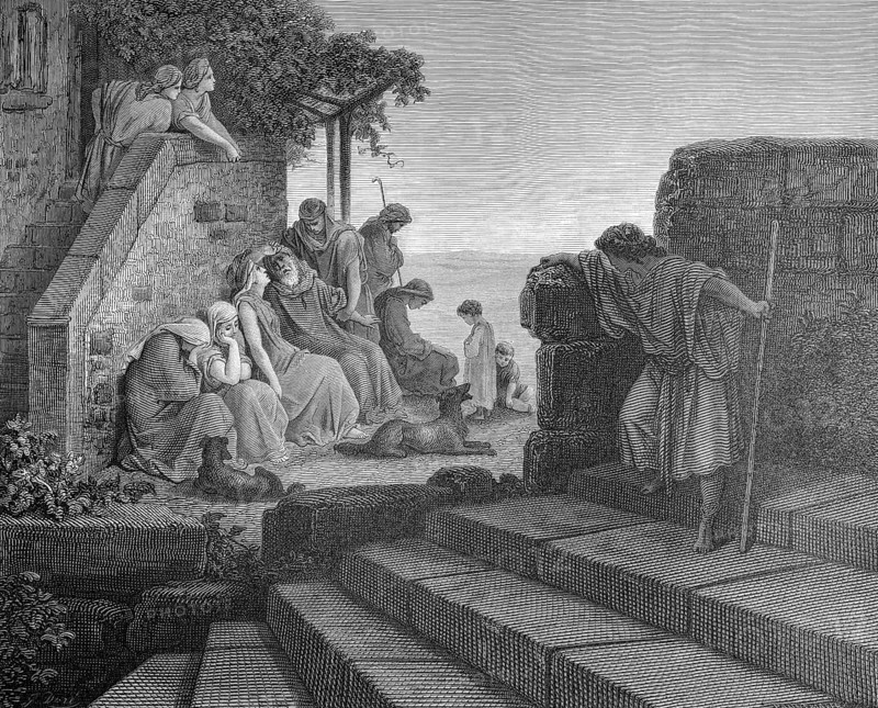 Return of the Prodigal Son, Luke chapter 15, verse 20, staircase, house, people, father, powerlessness, sorrow, return, walking stick, watching, home, home, group, dog, children, woman, Christian religion, Bible, New Testament, steel engraving Doré, historical illustration 1885