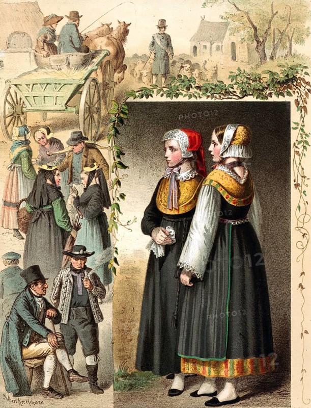 Traditional costumes in Germany around 1820, Mecklenburg, scenes of a village market with people in traditional dress, digitally retouched reproduction of a model from around 1850, by Albert Kretschmer (27 February 1825, 11 July 1891), German painter and costumier