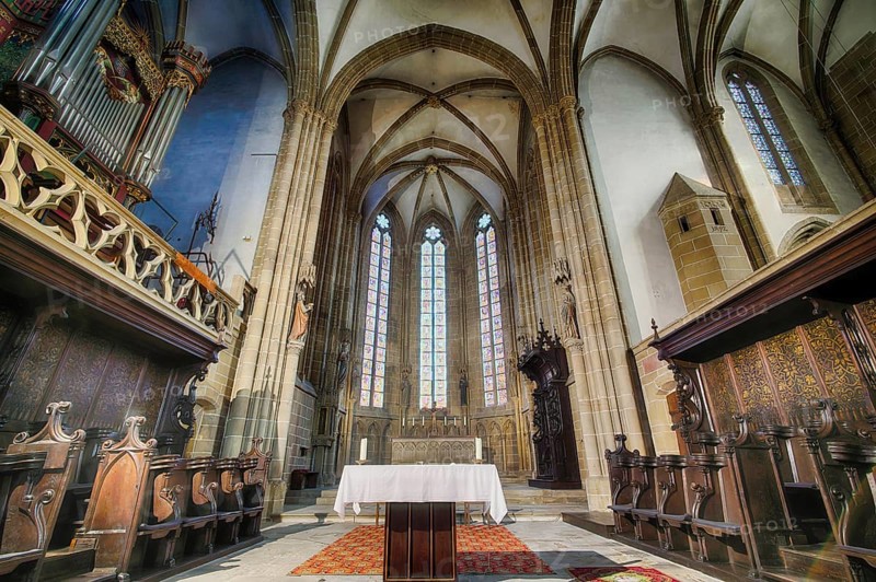Interior view of choir room, altar, choir stalls, knights' abbey church, St. Peter collegiate church, Bad Wimpfen, Kraichgau, Baden-Württemberg, Germany
