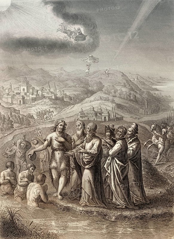 The Jews sent priests and Levites from Jerusalem to ask John the Baptist, Steel engraving 1853, digitally restored