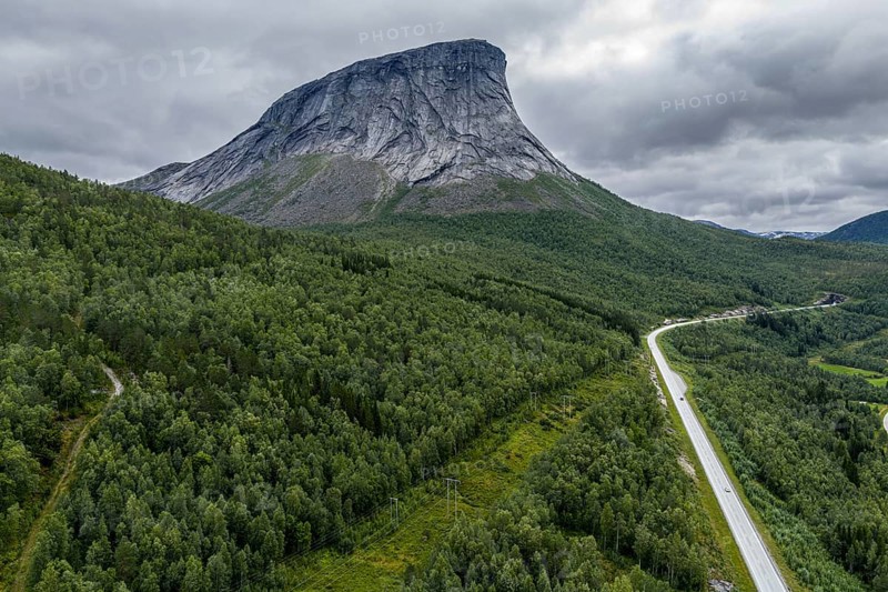 Aerial view of road E6, granite rock formation Krakmo, Norway