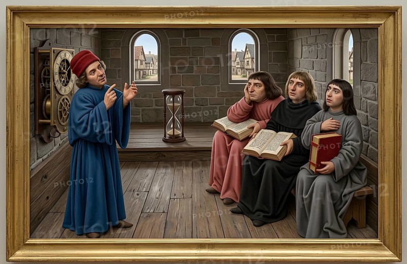 Disputation, scientific dispute, teaching at a university in the Middle Ages, historical illustration, digitally edited, lecture, university, education, science, examination