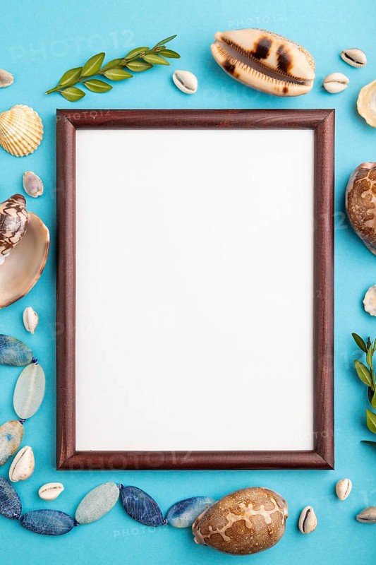 Composition with wooden frame, seashells, green boxwood. mockup on blue pastel background. Blank, top view, still life, flat lay, copy space. travel concept