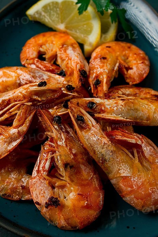 Fried with spices, King prawns, undivided, top view, selective focus, seafood, shrimp, no people