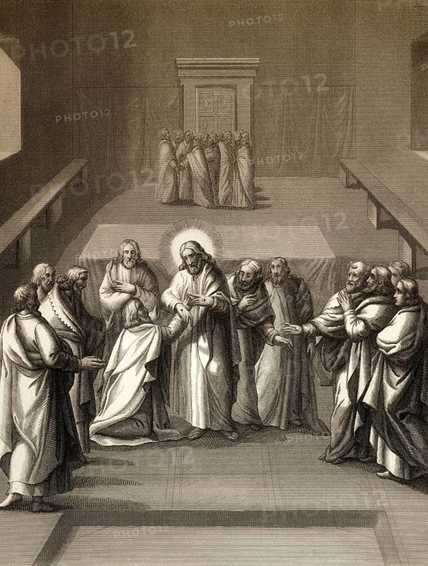 Christ's appearance with doubting Thomas, New Testament, steel engraving 1853, digitally restored