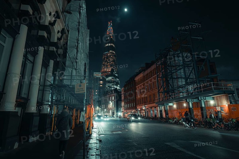 Street scene at night with illuminated buildings and a tranquil atmosphere, New Year's Eve London, United Kingdom