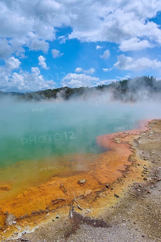 A hot spring with colourful rim and rising steam, Champagne Pool thermal lake, Wai-O-Tapu Thermal Wonderland, Rotorua, North Island, New Zealand