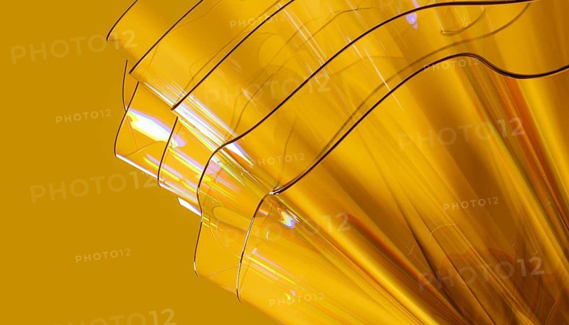 Abstract 3D render showcasing a vibrant crystal like structure with a smooth, glossy texture. The design features overlapping translucent layers against yellow background, creating a modern and minimalist aesthetic