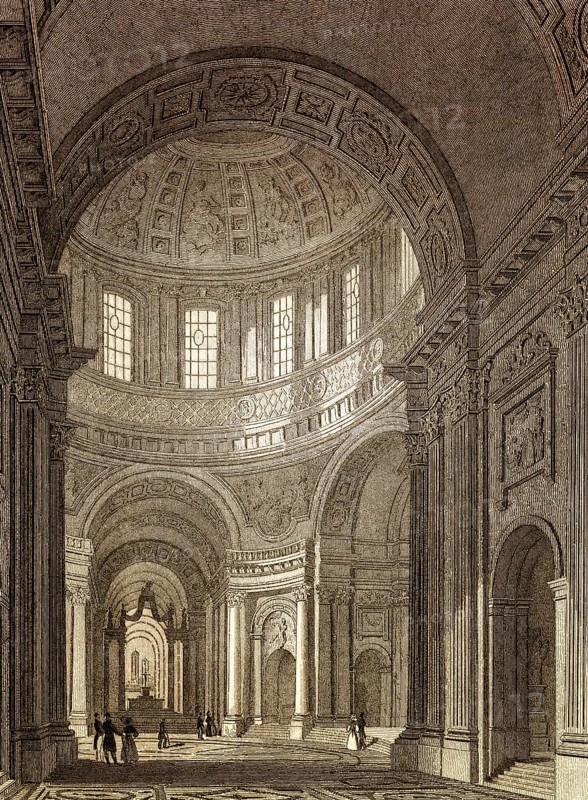 Interior, Dome of Les Invalides, Paris, antique steel engraved print, 1831