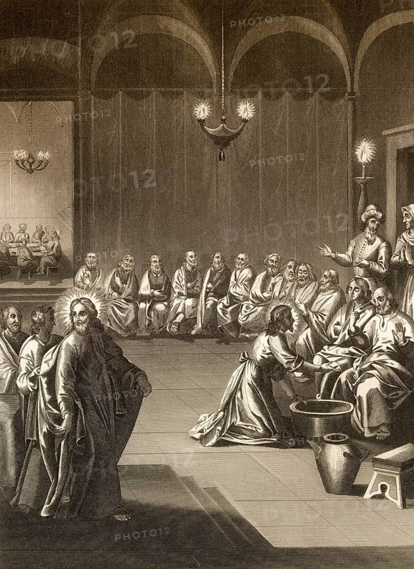 Jesus Washes the Disciples' Feet, New Testament, steel engraving 1853, digitally restored